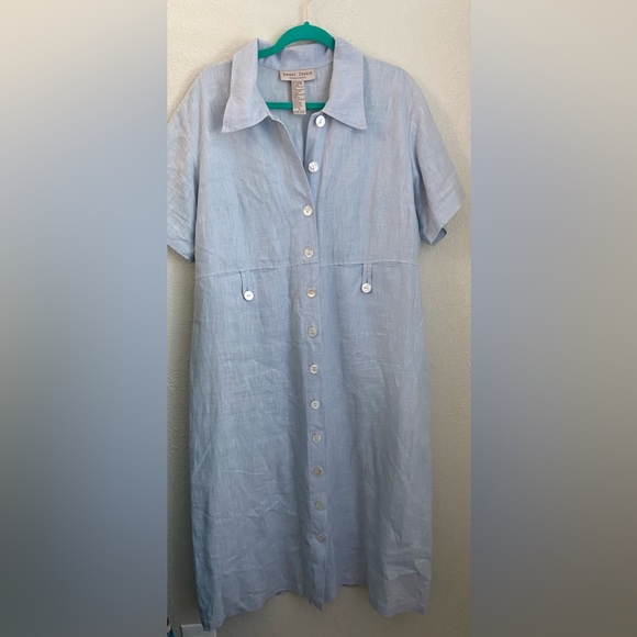 Sweet Jessie Women’s Petite 1X Light Blue Button Down Shirt Dress 100% Linen - Picture 1 of 13